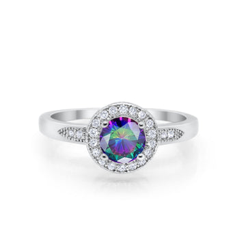 Halo Art Deco Engagement Ring Round Simulated Rainbow CZ 925 Sterling Silver